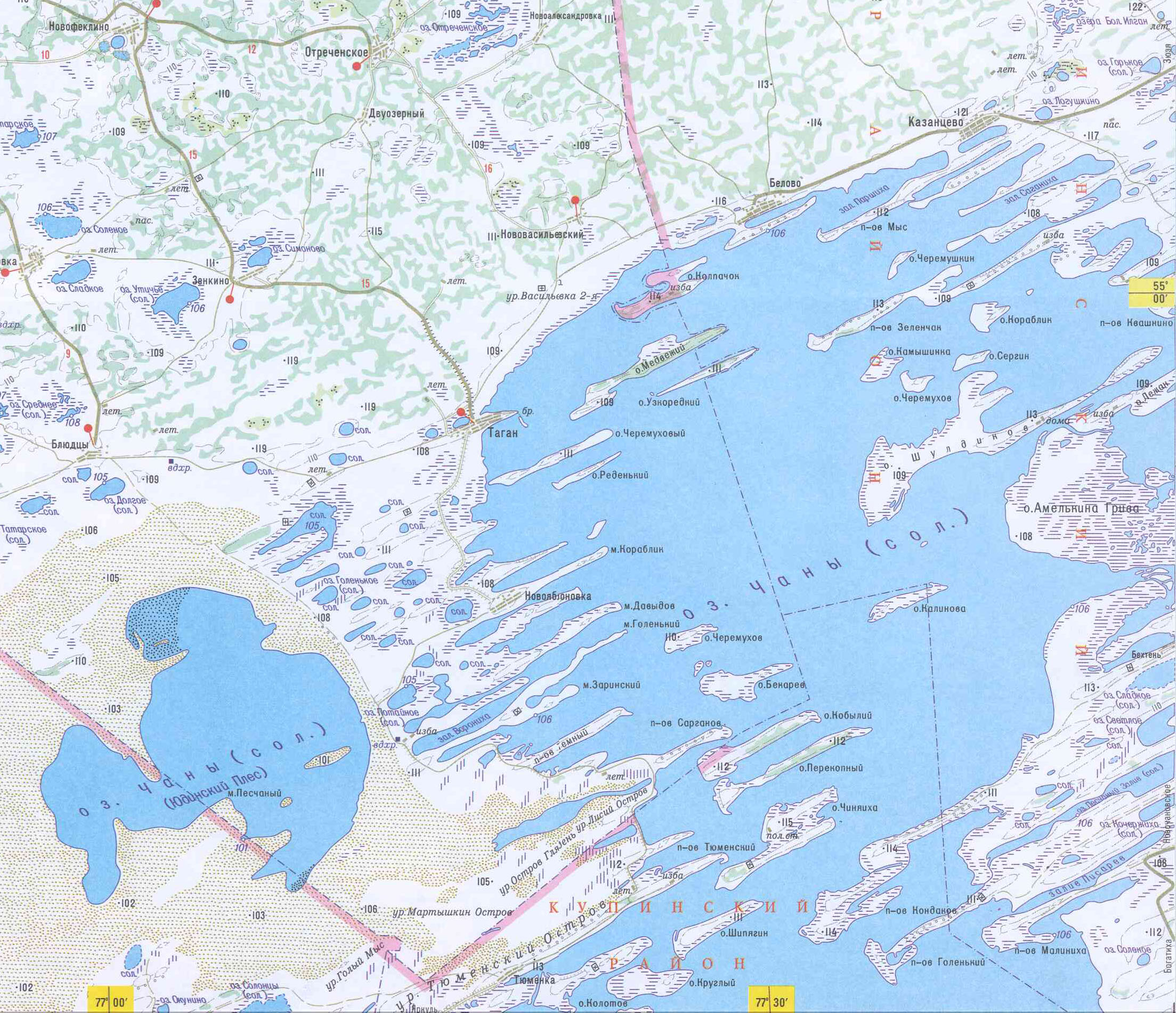 Карта озера Чаны Новосибирская область с названием островов